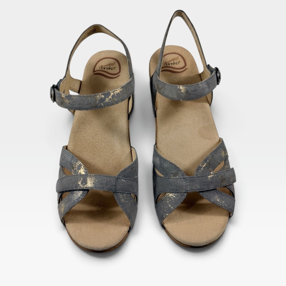 Dansko Season Metallic Sandals Womens 41 10.5-11 Stone Grey Gold Wedge NEW